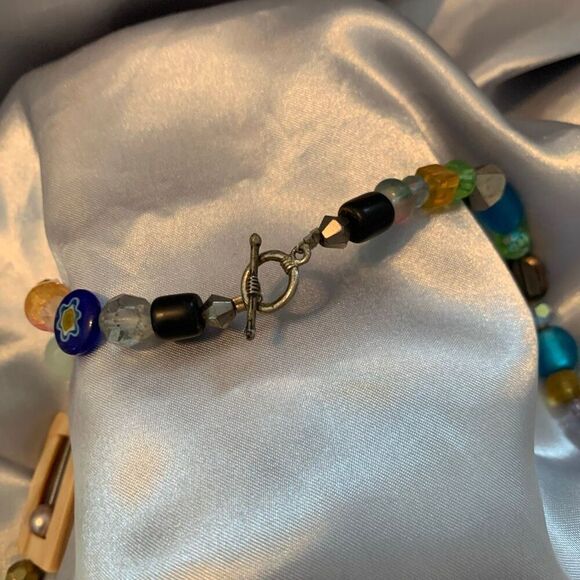 Colorful Long Beaded Statement Necklace Geometric Shapes Boho Retro Style Blue, - Picture 6 of 11